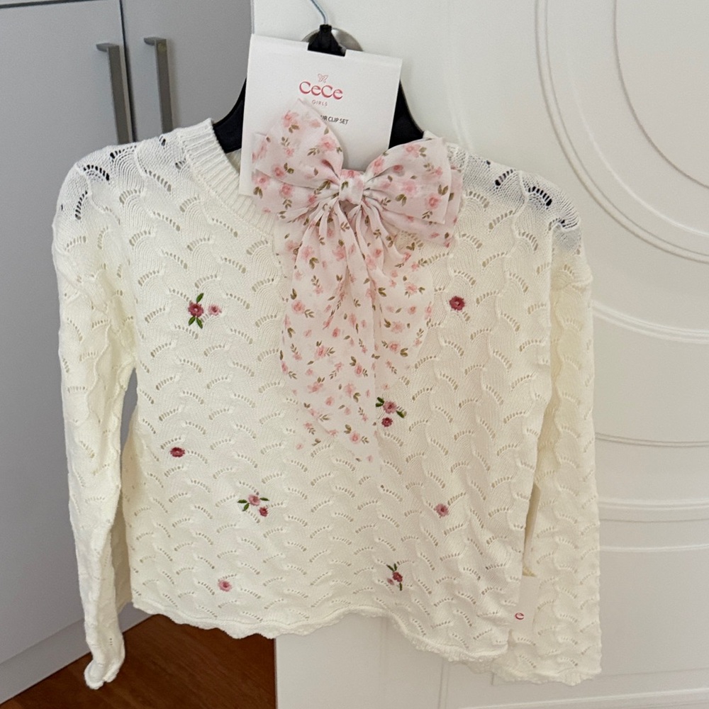 CeCe Ivory Knit Top with Pink Floral Details